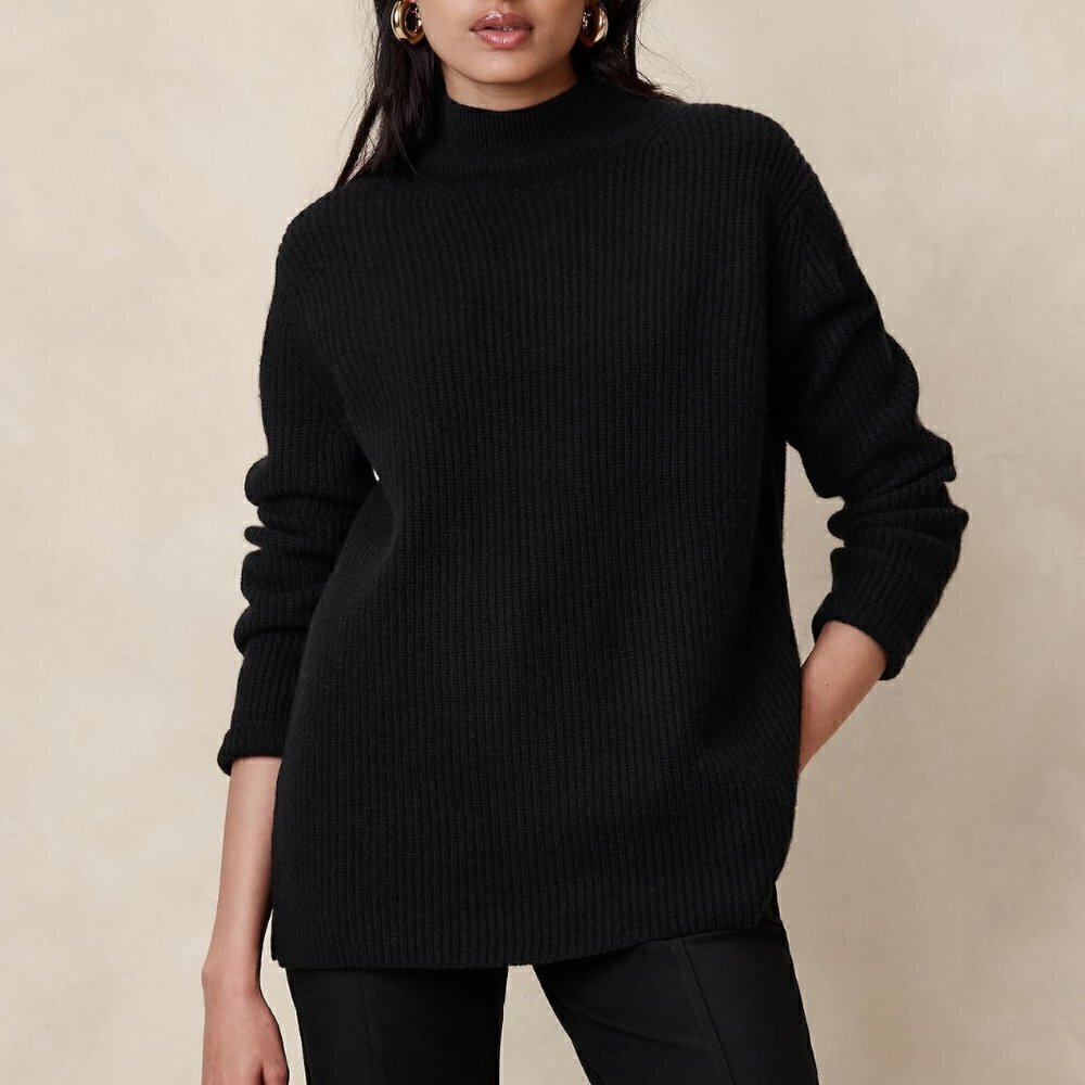 Maison Simons Icone Alpaca Blend Black Turtleneck Funnel Neck Knit Sweater Sz M